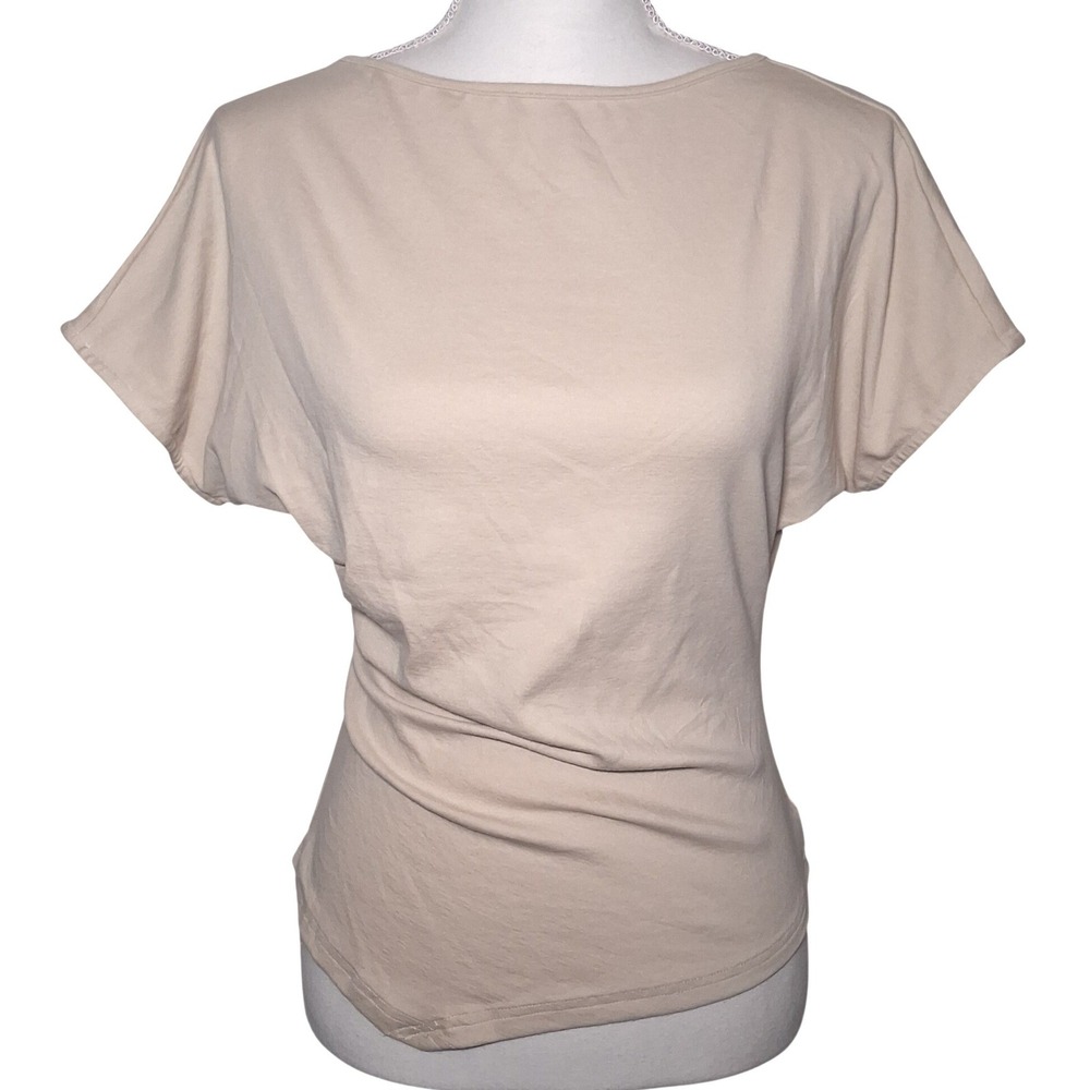 NWT OGL Beige Ruched Boat Neck Asymmetrical Hem Short Sleeve Top S Neutral Basic